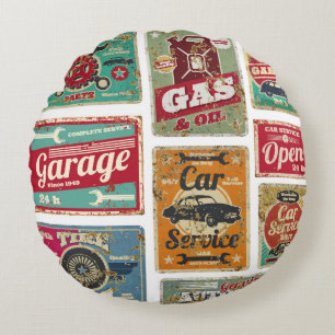 Vintage car service and gas station vintage metal round pillow