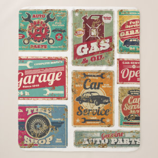 Vintage car service and gas station vintage metal sherpa blanket