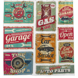 Vintage car service and gas station vintage metal shower curtain