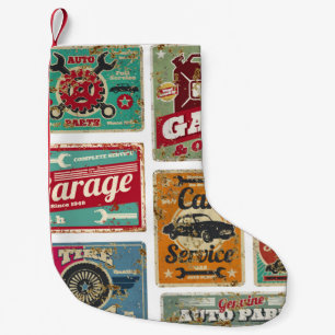 Vintage car service and gas station vintage metal  small christmas stocking