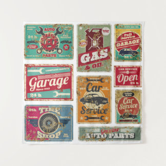 Vintage car service and gas station vintage metal tapestry