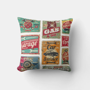 Vintage car service and gas station vintage metal throw pillow