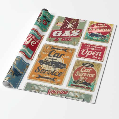 Vintage car service and gas station vintage metal  wrapping paper