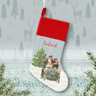 Vintage Car Snow Santa Children Dog Christmas Tree Christmas Stocking