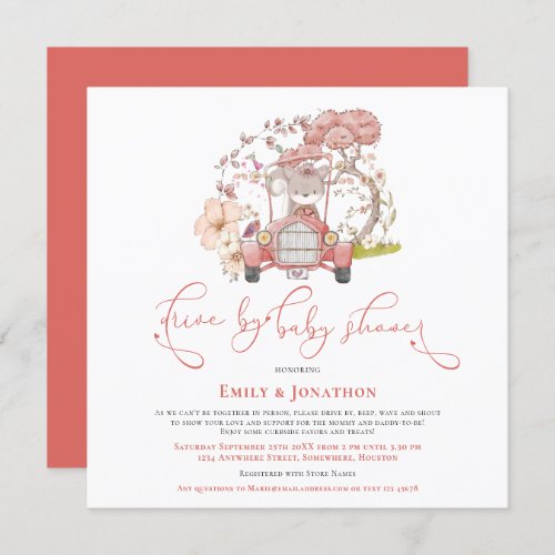 Vintage Car Squirrel Coral Drive By Baby Shower Invitation