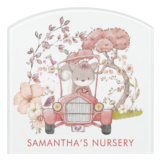 Vintage Car Squirrel Florals Girl Name Nursery Door Sign (Contour Front)