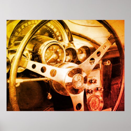 Vintage Car Steering Dashboard Old Gauges Dials Poster