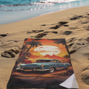 Vintage Car Sunset - Gift for Car Lovers Beach Towel