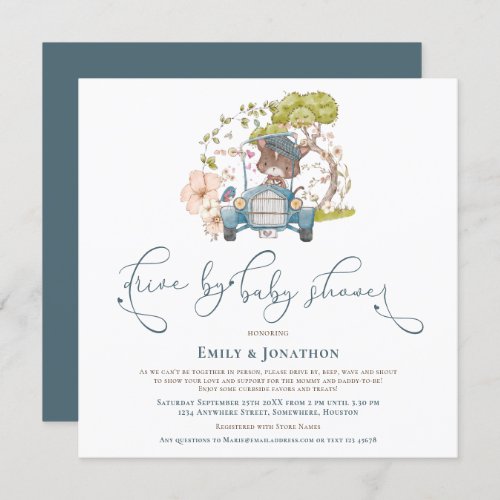 Vintage Car Turquoise Cat Boy Drive By Baby Shower Invitation