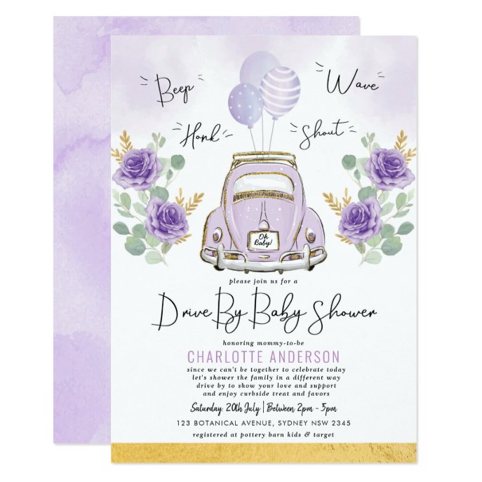 Vintage Car Violet Flowers Drive By Baby Shower Invitation