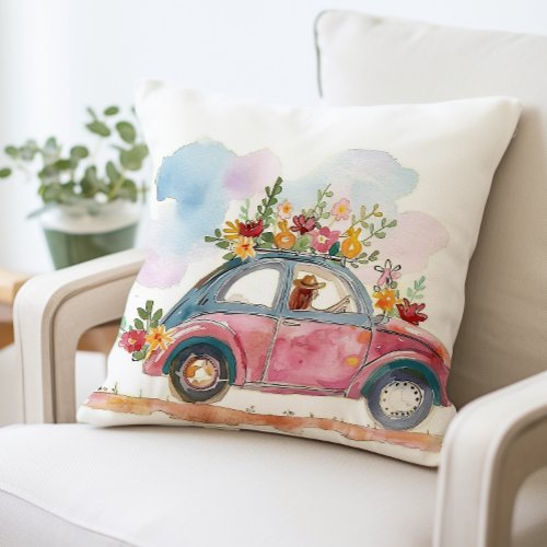 Vintage Car Watercolor Art Pillow Floral Car Throw Pillow