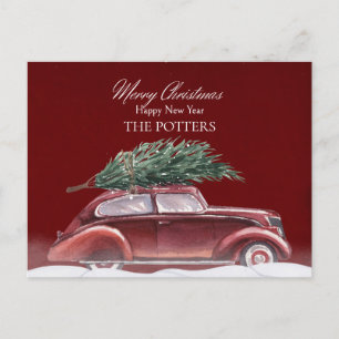 Vintage car with christmas tree snows holiday postcard
