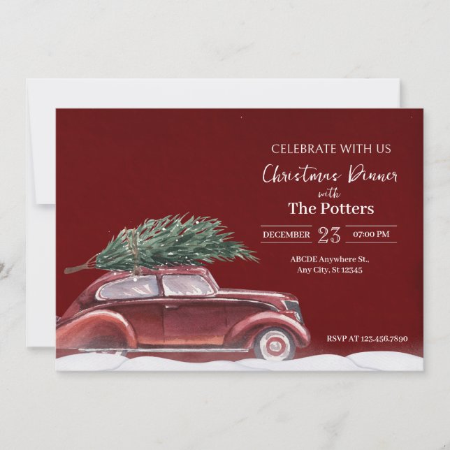 Vintage car with christmas tree snows  invitation (Front)