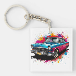 Vintage Car with Colorful Paint Splashes Keychain