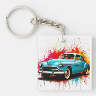 Vintage Car with Colorful Paint Splashes Keychain