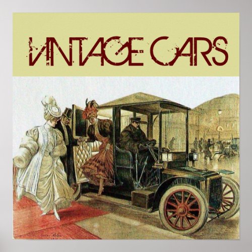 VINTAGE CAR WITH ELEGANT LADIES CLASSIC AUTO Cream Poster