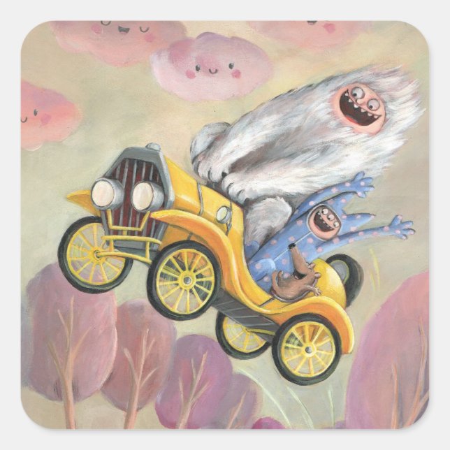 Vintage Car with Monsters Square Sticker (Front)