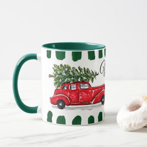 Vintage Car with Tree Monogram Black Red Green Mug