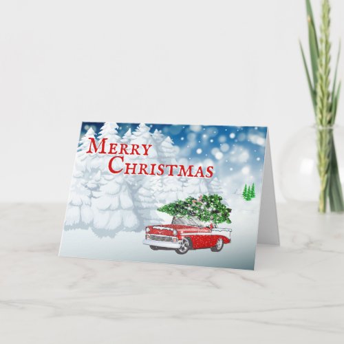 Vintage car woodland Christmas tree merry xmas Holiday Card