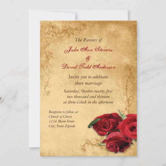 Vintage Caramel Brown & Rose Wedding Invitation (Front)