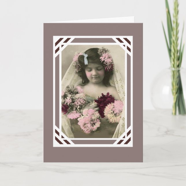 Vintage Card Little Girl With Flowers (Front)