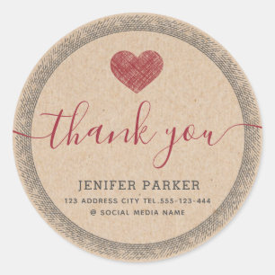 Vintage cardboard thank you script red heart classic round sticker