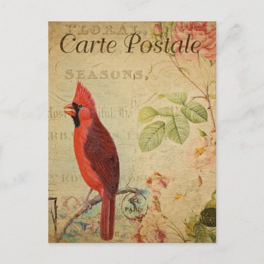 Vintage Cardinal Bird Pink Roses Floral French 