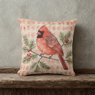 Vintage Cardinal Bird with Pine Branch Throw Pillow