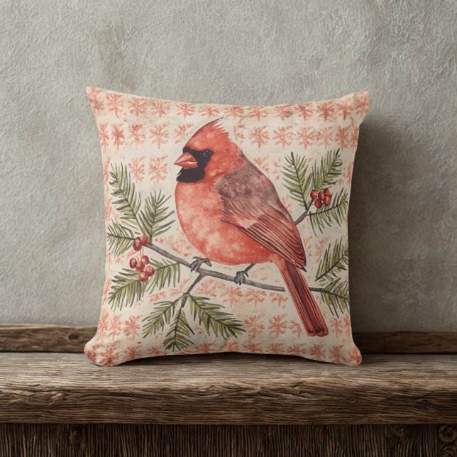 Vintage Cardinal Bird with Pine Branch Throw Pillow (Red pattern cardinal throw pillow)