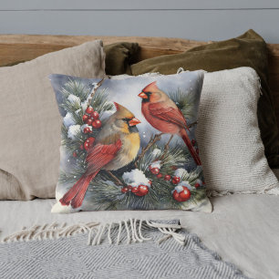 Vintage Cardinal Birds and Winter Holly Christmas Throw Pillow