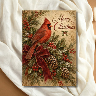 Vintage Cardinal Merry Christmas Traditional  Holiday Card