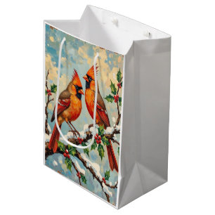 Vintage Cardinal Pair on Snowy Holly Branch Medium Gift Bag