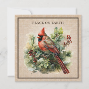 Vintage Cardinal Woodland Bird Burlap Luxury Holiday Card