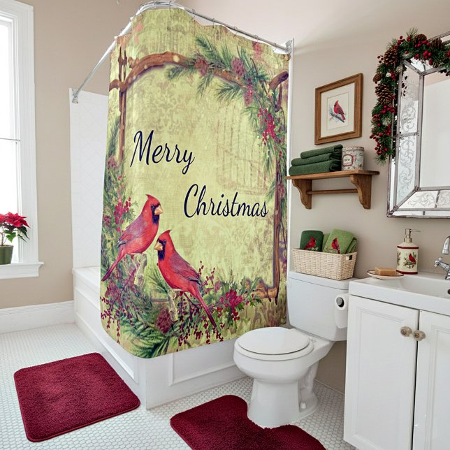 Vintage Cardinals Christmas Shower Curtain (Creator Uploaded)