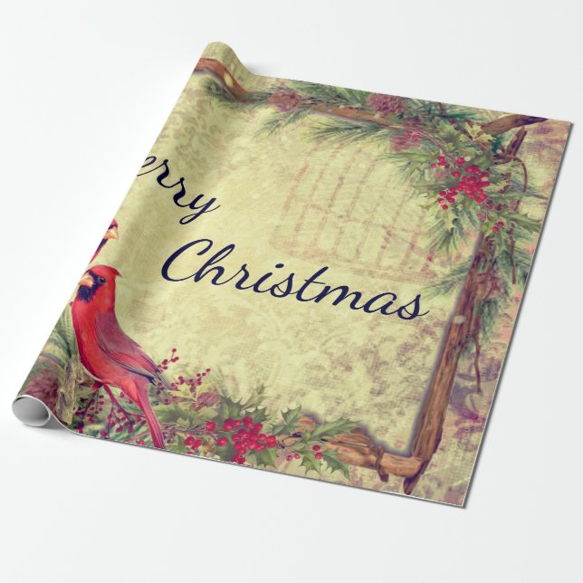 Vintage Cardinals Christmas Wrapping Paper (Unrolled)
