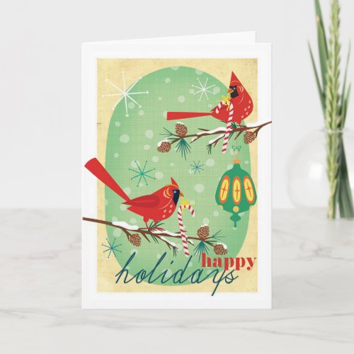 Vintage Cardinals on Snowy Pine Tree Branches Holiday Card