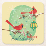 Vintage Cardinals on Snowy Pine Tree Branches Square Paper Coaster<br><div class="desc">Charming vintage artwork of 2 beautiful red cardinals perched atop snowy pine cone tree branches. Matching paper plates,  napkins,  stickers & more available. For questions or custom requests,  write cheryl@cheryldanielsart.com.</div>