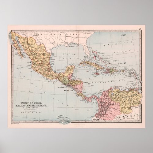 Vintage Caribbean  Latin America Map 1871 Poster