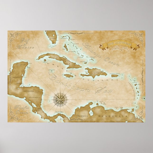 Vintage Caribbean Map Poster (Front)