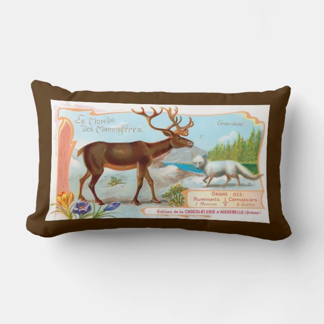 Vintage Caribou (Reindeer) and Arctic Fox Lumbar Pillow (Front)
