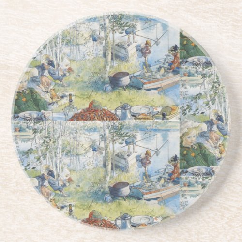 Vintage Carl Larsson Cray Fishing With The  Family Coaster