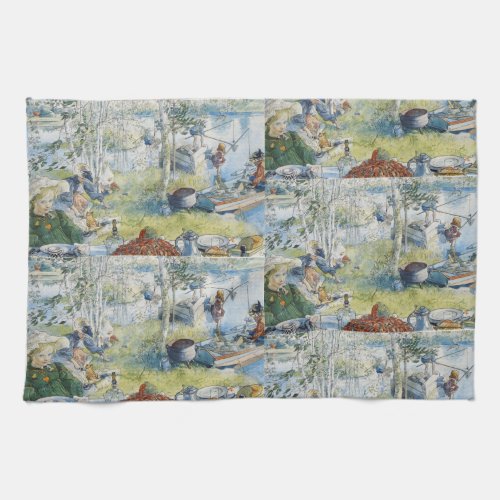Vintage Carl Larsson Cray Fishing With The  Family Towel