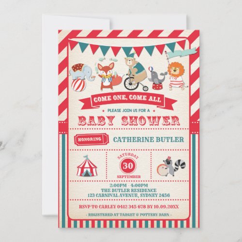 Vintage Carnival Circus Animals Baby Shower Invite