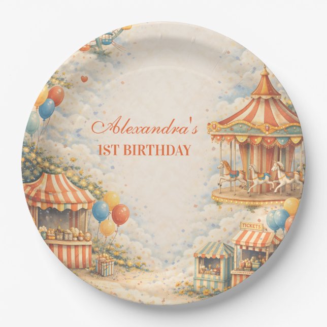 Vintage Carnival Circus Birthday Paper Plates (Front)
