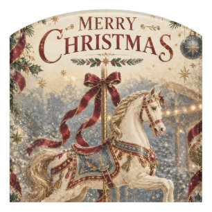 Vintage Carousel Horse Christmas , Elegant Holiday Door Sign