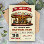 Vintage Carousel Kids Birthday Party Invitation<br><div class="desc">Amaze your guests with this vintage carnival theme birthday party invite featuring a retro merry go round with vibrant typography against a parchment background. Simply add your event details on this easy-to-use template to make it a one-of-a-kind invitation. Flip the card over to reveal a red and beige starburst pattern...</div>