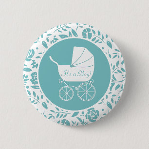 Vintage Carriage Baby Shower Cute Blue Boy Button