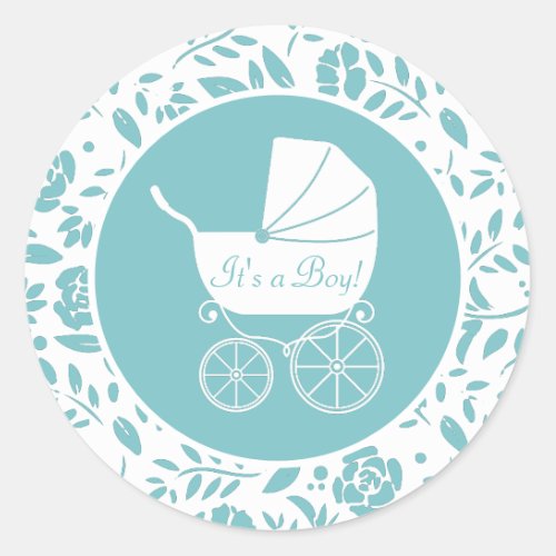 Vintage Carriage Baby Shower Cute Blue Boy Classic Round Sticker