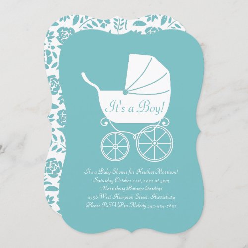 Vintage Carriage Baby Shower Cute Blue Boy Invitation