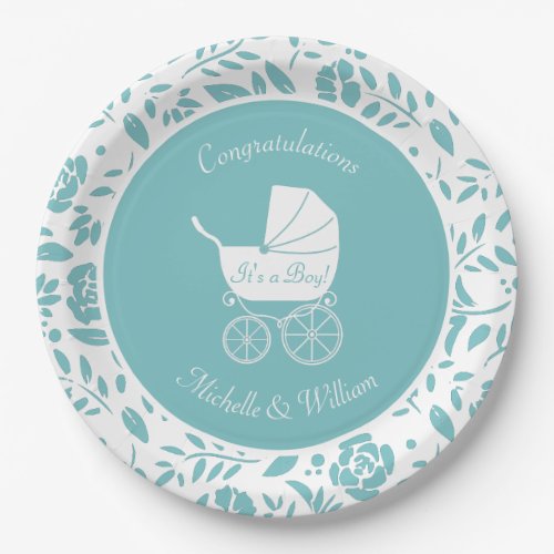 Vintage Carriage Baby Shower Cute Blue Boy Paper Plates